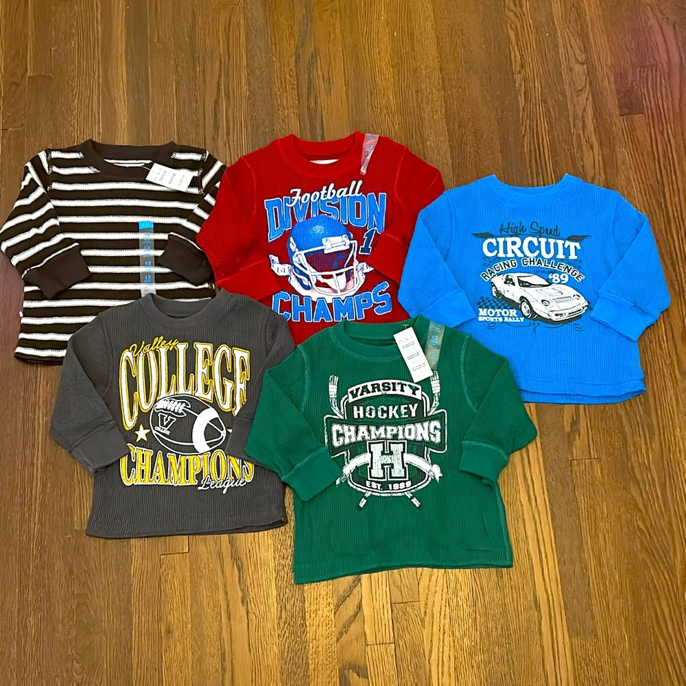 Lot of 5 Thermal / Waffle Long Sleeve Shirts Boys 12M NWT